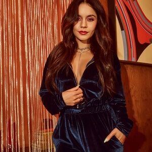 Vanessa Hudgens for Fabletics Velour Zip-Up Wide Leg Onesie M NAVY